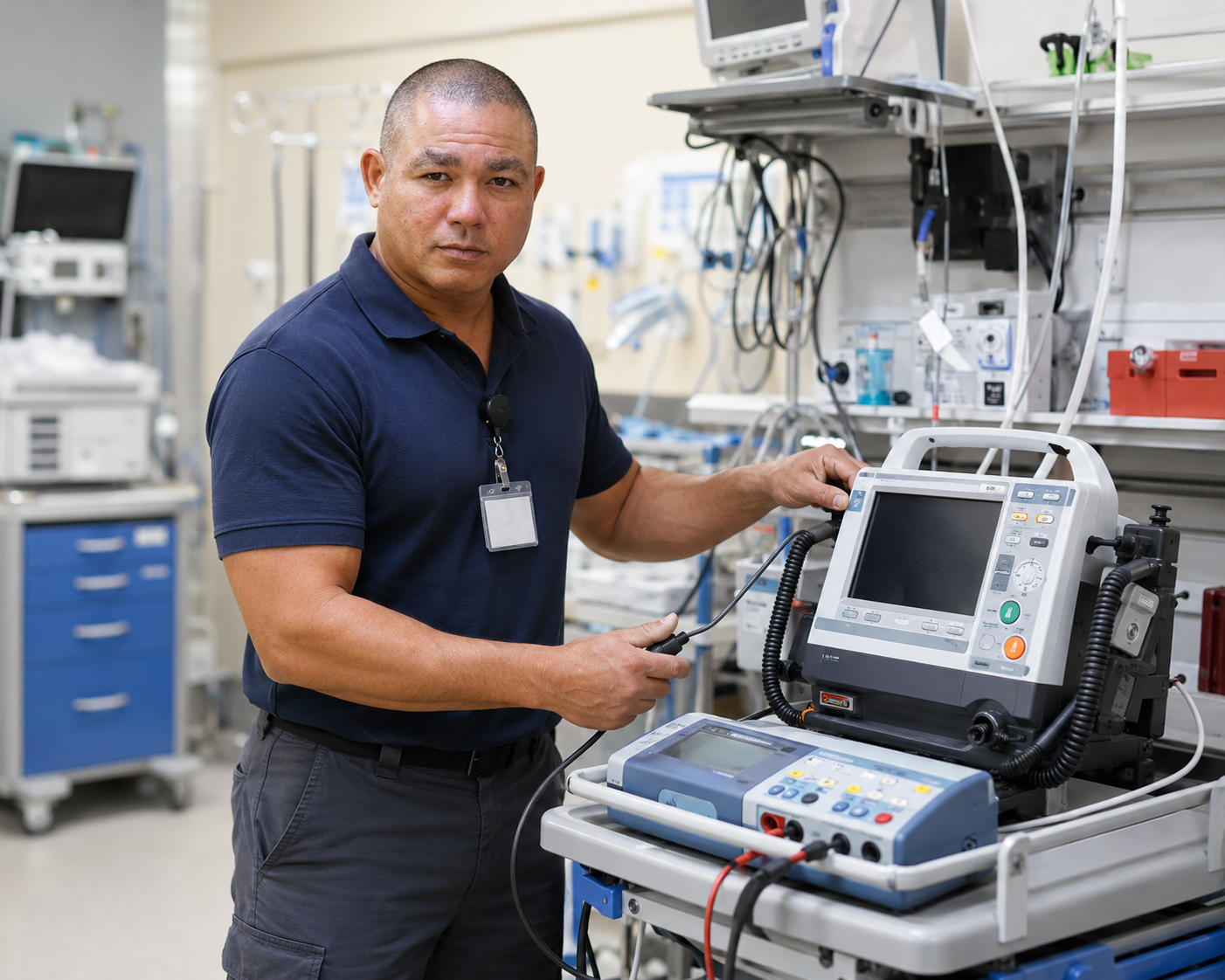 Biomedical engineer servicing hospital equipment