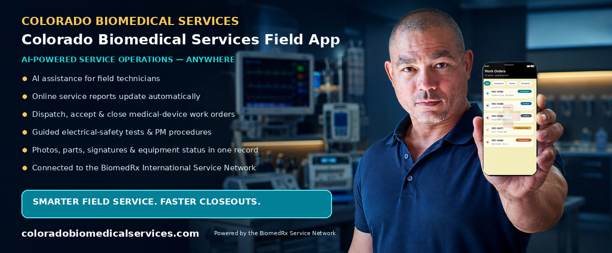 Colorado Biomedical Field — AI-powered field-service mobile app; automatic online service reports, work-order dispatch, and closeout
